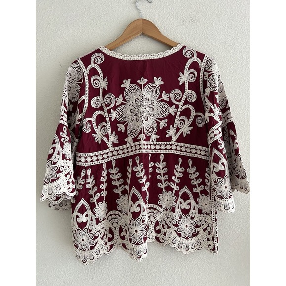 Kindred Burgundy Embroidered Blouse Top Bell Sleeve Small Boho Feminine Casual - Picture 2 of 8